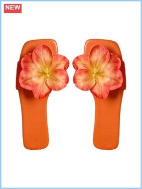 Women's 3D Floral Slide Sandals Square Open Toe Summer Beach Flat Sandals